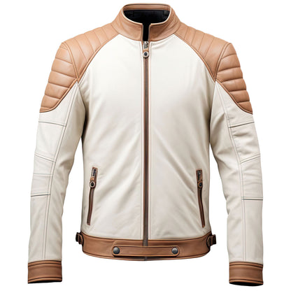 Men’s Brown Beige Genuine Sheepskin Quilted Shoulders Classy Moto Rider Outfit Smooth Lightweight Zip-Up Biker Leather Jacket