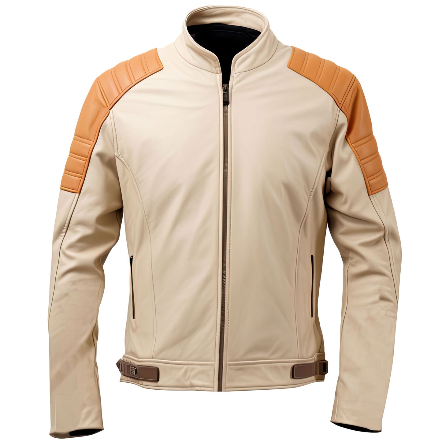 Men’s Beige Brown Genuine Sheepskin Quilted Shoulders Classy Biker Outfit Motorcycle Café Racer Lightweight Leather Jacket