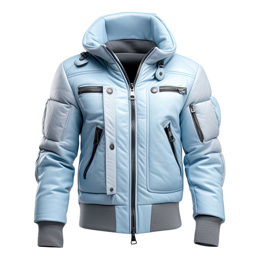 Men’s Ice Blue Genuine Sheepskin High Neck Removable Hood Rib Knit Zip-up Winter Classy Slim-fit Puffer Leather Jacket