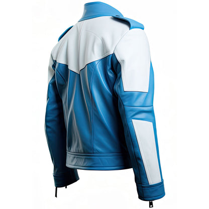 Men’s Blue White Genuine Sheepskin Asymmetric Crossover Zip-Up Trendy Winter Motorcycle Racer Leather Jacket