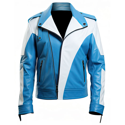 Men’s Blue White Genuine Sheepskin Asymmetric Crossover Zip-Up Trendy Winter Motorcycle Racer Leather Jacket