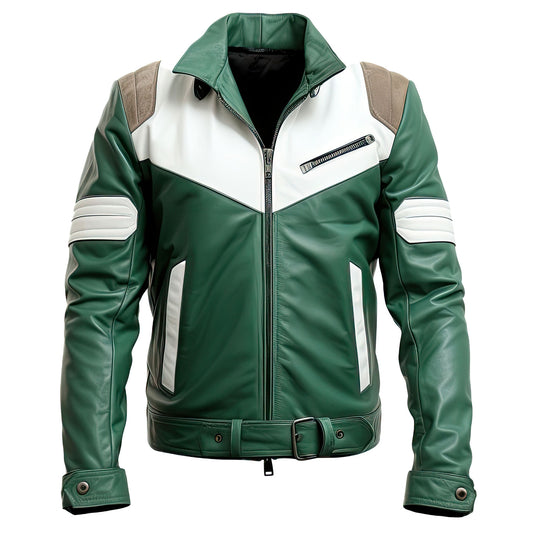 Men’s Forest Green Genuine Sheepskin Shirt Collar Moto Biker Zip-Up Smooth Lightweight Belted Café Racer Leather Jacket