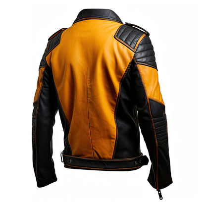 Men’s Mustard Black Genuine Sheepskin Asymmetric Crossover Lapel Collar Quilted Belted Soft Stylish Moto Biker Leather Jacket