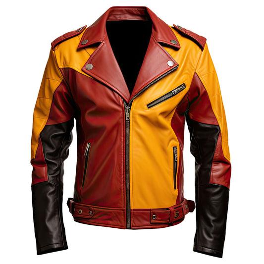 Men’s Maroon Yellow Genuine Sheepskin Crossover Biker Lapel Collar Belted Slim-fit Classy Moto Biker Leather Jacket