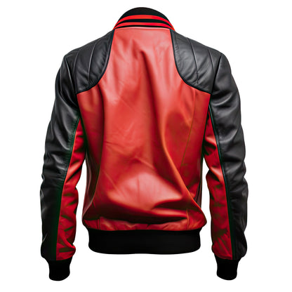 Men’s Red Black Genuine Sheepskin Baseball Collar Sporty Scooter Baggy Sleek Lightweight Bomber Leather Jacket