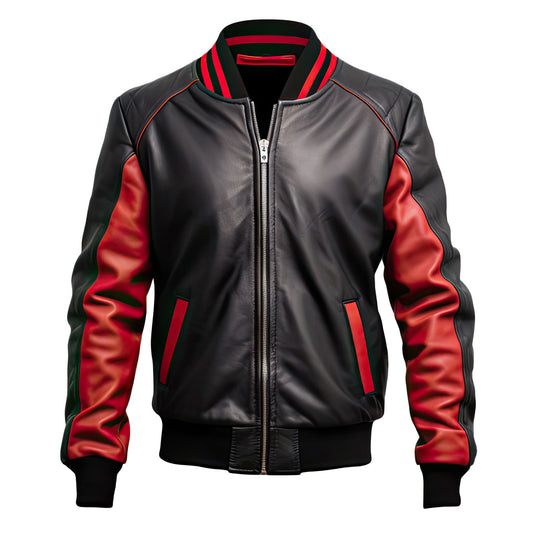 Men’s Red Black Genuine Sheepskin Baseball Collar Sporty Scooter Baggy Sleek Lightweight Bomber Leather Jacket