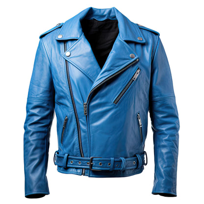 Men's Dark Blue Genuine Sheepskin Crossover Asymmetric Lapel Collar Zip-up Racing Warm Belted Café Racer Leather Jacket
