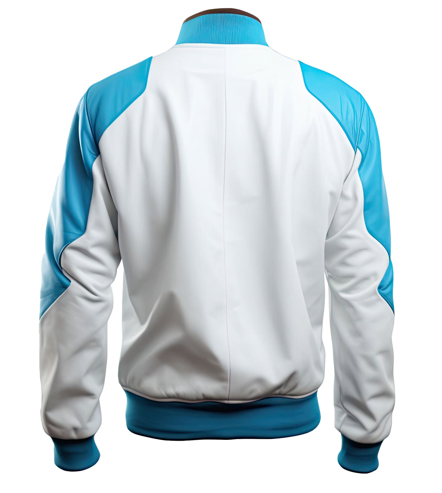 Men’s White Blue Classic Baseball Collar Zip-up Rib Knit Elegant Soft Sporty Casual Bomber Leather Jacket