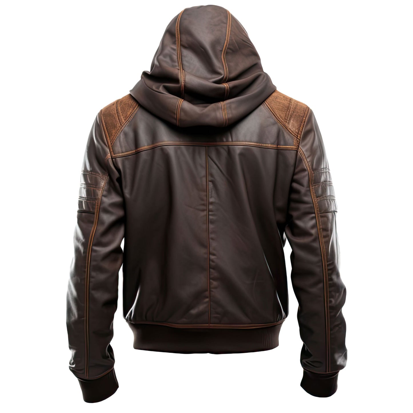 Men’s Coffee Brown Genuine Sheepskin Bomber Hooded Zip-up Casual Outerwear Warm Rib Knitted Moto Classy Leather Jacket