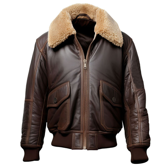 Men’s Dark Brown A2 Genuine Sheepskin Sherpa Shearling Faux Fur Collar Classy Rib Knitted Flying Aviator Bomber Leather Jacket