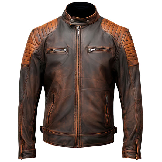 Men’s Distressed Rust Brown Genuine Sheepskin Racing Multi Zipper Warm Outerwear Slim-fit Biker Quilted Leather Jacket