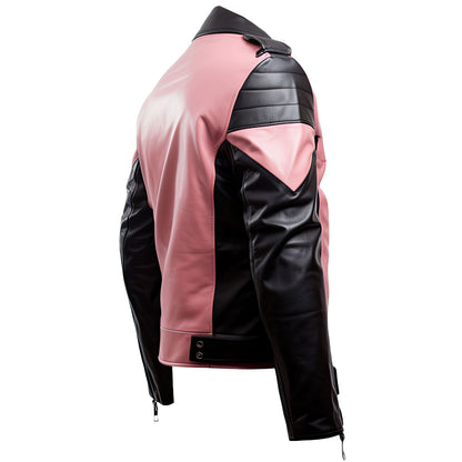 Men’s Pastel Pink Black Genuine Sheepskin Notch Lapel Collar Causal Moto Biker Slim Fit Racer Smooth Soft Leather Jacket