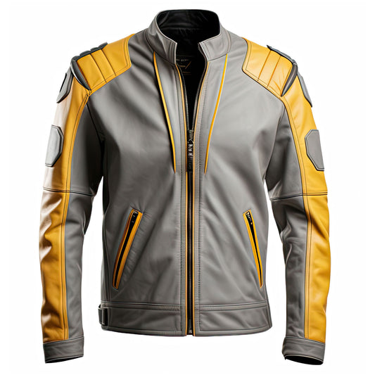 Men’s Grey Mustard Genuine Sheepskin Stand Collar Zip-up Racing Outerwear Biker Smooth Café Racer Leather Jacket