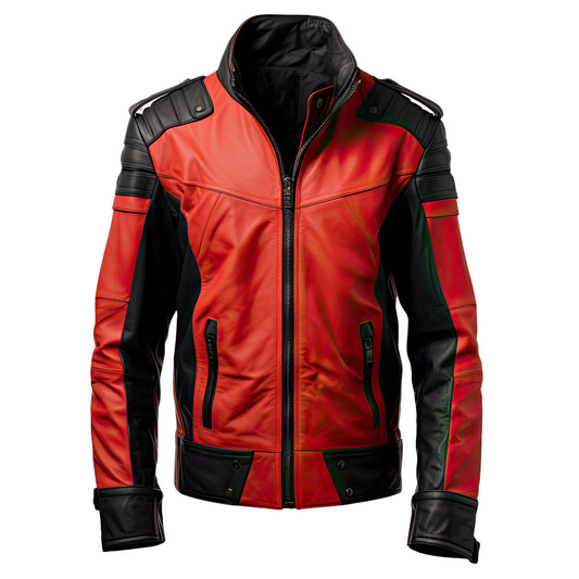 Men’s Red Black Genuine Sheepskin Stand Collar Café Racer Outfit Warm Casual Zip-up Smooth Soft Motorcycle Leather Jacket