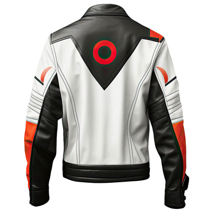 Men’s White Orange Genuine Sheepskin Shirt Collar Zip-up Multicolor Slim-fit Winter Streetwear Biker Moto Leather Jacket