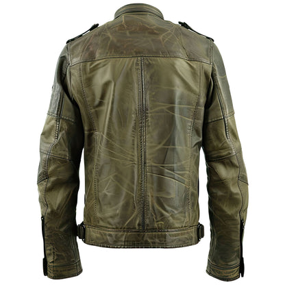 Men’s Distressed Olive Green Genuine Sheepskin Stand Collar Classy Military Style Vintage Retro Lightweight Leather Jacket