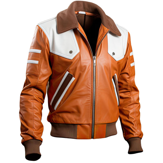 Men’s Ginger Orange White Genuine Sheepskin Shirt Collar Flight Pilot Winter Warm Aviator Bomber Leather Jacket