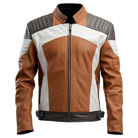 Men’s Peanut Brown White Genuine Sheepskin Quilted Shoulders Motorcycle Biker Casual Smooth Rider Stand Collar Leather Jacket