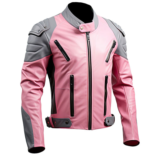 Men’s Pink Grey Genuine Sheepskin Stand Collar Smooth Café Racer Outfit Classy Motorcycle Biker Multizipper Leather Jacket