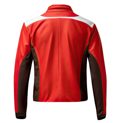 Men’s Red Black Genuine Sheepskin Stand Collar Zip-up Smooth Lightweight Casual Slim-fit Biker Racer Leather Jacket