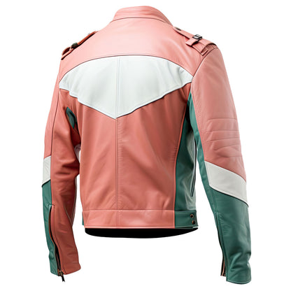Men’s Sea Green Tea Pink Genuine Sheepskin Stand Collar Moto Biker Multi-Zipper Smooth Classy Fashionable Leather Jacket