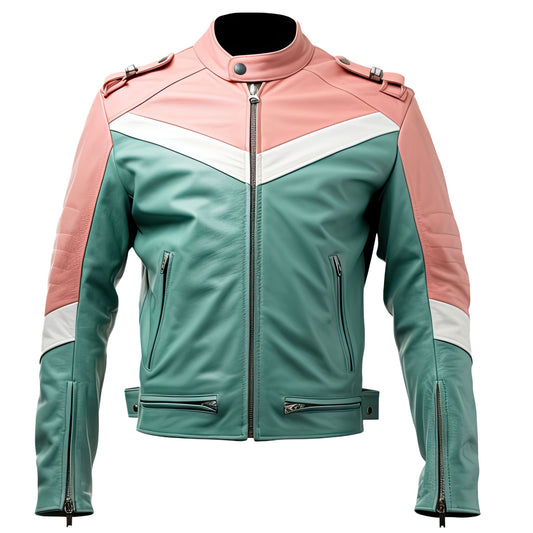 Men’s Sea Green Tea Pink Genuine Sheepskin Stand Collar Moto Biker Multi-Zipper Smooth Classy Fashionable Leather Jacket