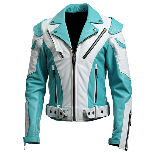 Men’s Turquoise Blue White Genuine Sheepskin Notch Lapel Collar Zip-Up Slim Fit Biker Outfit Casual Lightweight Leather Jacket