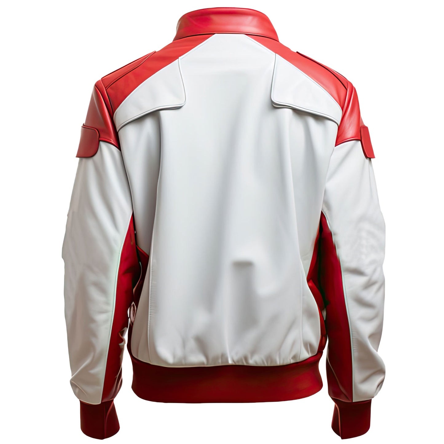 Men’s Red White Genuine Sheepskin Stand Collar Classy Casual Smooth Lightweight Rib Knit Bomber Leather Jacket