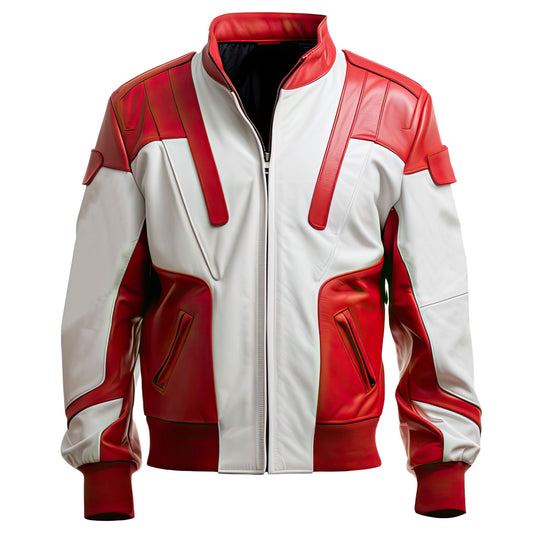 Men’s Red White Genuine Sheepskin Stand Collar Classy Casual Smooth Lightweight Rib Knit Bomber Leather Jacket