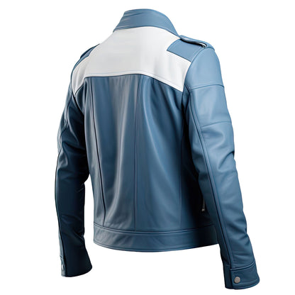Men’s Dusty Blue White Genuine Sheepskin Biker Streetwear Stand Collar Zip-up Warm Stylish Lightweight Rider Leather Jacket