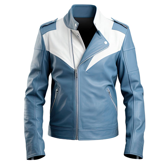 Men’s Dusty Blue White Genuine Sheepskin Biker Streetwear Stand Collar Zip-up Warm Stylish Lightweight Rider Leather Jacket