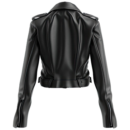 Women’s Black Genuine Sheepskin Biker Lapel Collar Stylish Cropped Racing Outfit Asymmetric Zipper Casual Moto Leather Jacket