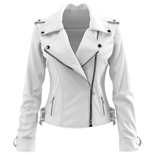 Women’s White Genuine Sheepskin Double-Breasted Lapel Collar Biker Classy Asymmetric Outfit Smooth Zipper Rider Leather Jacket
