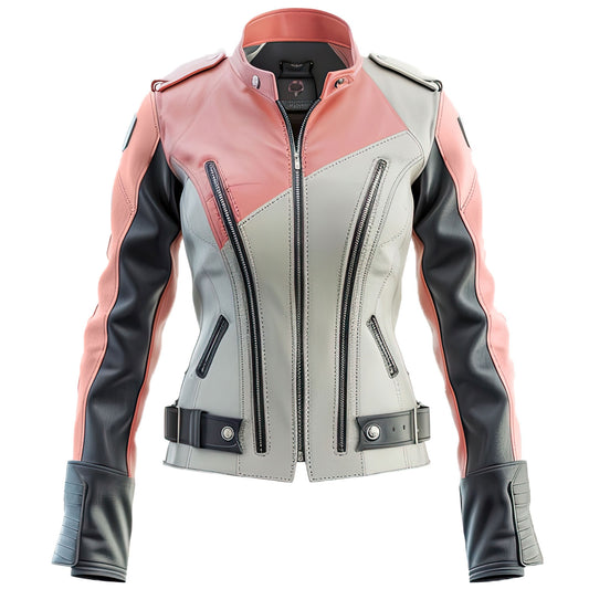 Women’s Ash Grey Pink Genuine Sheepskin Stylish Stand Collar Warm Racing Outfit Sleek Zip-up Sporty Moto Leather Jacket