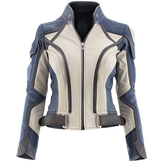 Women’s Sapphire Blue Ash Grey Genuine Sheepskin Biker Stand Collar Punk Outfit Slim-fit Sporty Zip-up Rider Leather Jacket