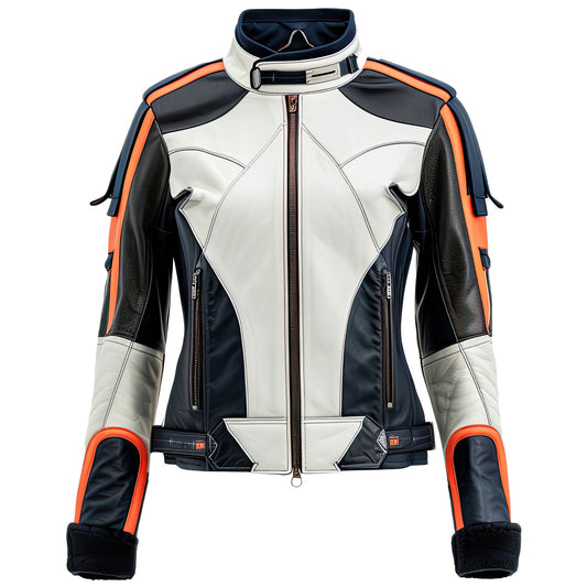 Women’s Orange White Genuine Sheepskin Stand Collar Warm Racing Winterwear Motorbike Lightweight Slim-fit Racer Leather Jacket