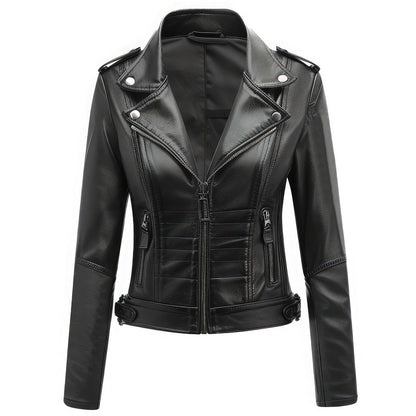 Women’s Black Genuine Sheepskin Stylish Comfortable Lapel Collar Biker Streetwear Zip-up Slim-fit Soft Moto Leather Jacket