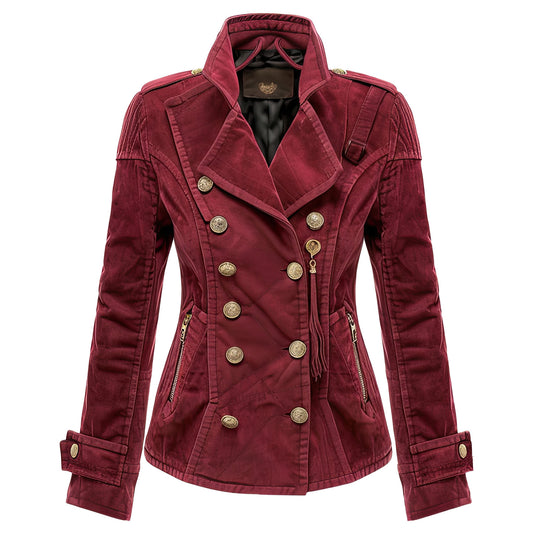 Women’s Maroon Genuine Suede Stylish Double Breasted Lapel Collar Autumn Outfit Lightweight Mid-Length Military Style Leather Coat