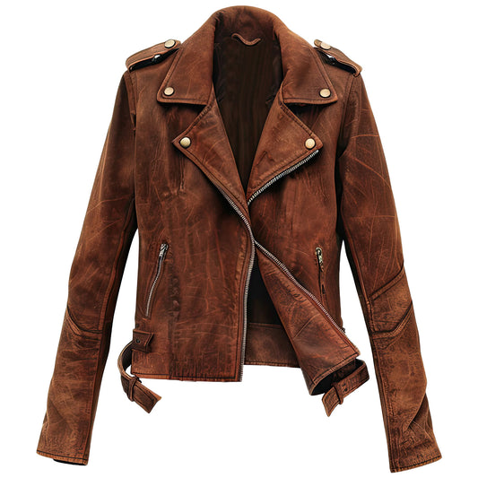 Women’s Distressed Brown Genuine Suede Fashionable Notch Lapel Collar Warm Streetwear Lightweight Zip-up Sporty Rider Leather Jacket