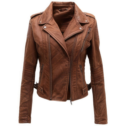 Women’s Brown Genuine Sheepskin Stylish Lapel Collar Slim-fit Winter Wear Soft Asymmetric Zipper Motorcycle Leather Jacket