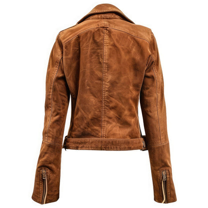 Women’s Brown Genuine Suede Lapel Collar Fashionable Spring Smooth Zip-up Rider Warm Slim-fit Lightweight Scooter Leather Jacket