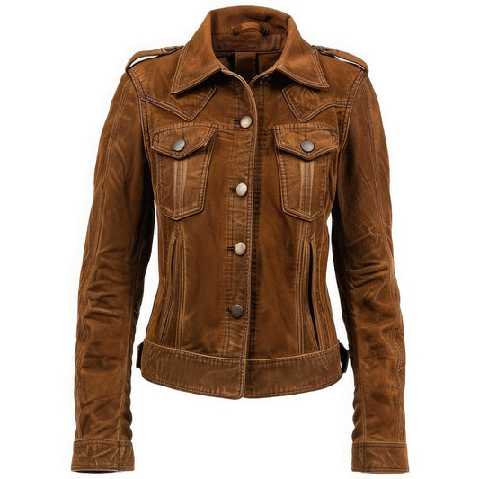 Women’s Brown Genuine Suede Shirt Collar Fashionable Sleek Button-down Casual Wear Slim-fit Herringbone Style Trucker Leather Jacket