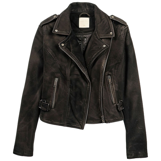 Women’s Black Genuine Suede Double Breasted Lapel Collar Stylish Asymmetric Zip-up Moto Biker Leather Jacket