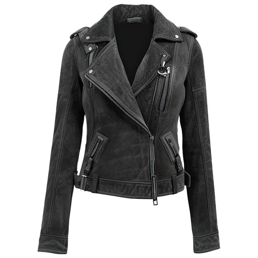 Women’s Black Genuine Suede Double Breasted Stylish Lapel Collar Spring Rider Wear Asymmetric Zip-up Leather Jacket