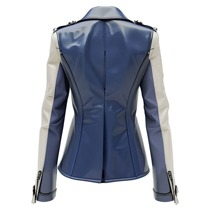Women’s Sapphire Blue Grey Genuine Sheepskin Stylish Crossover Lapel Collar Lightweight One Button Warm Mid-length Leather Coat