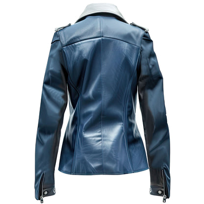 Women’s Sapphire Blue Grey Genuine Sheepskin Biker Crossover Lapel Collar Soft Asymmetric Zipper Slim-fit Rider Leather Jacket