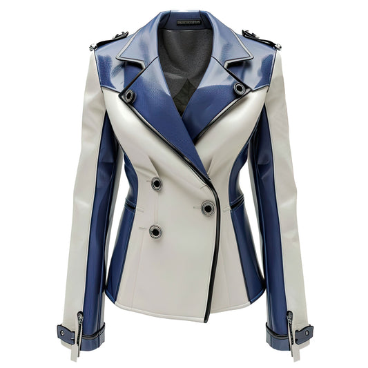 Women’s Sapphire Blue Grey Genuine Sheepskin Stylish Crossover Lapel Collar Lightweight One Button Warm Mid-length Leather Coat