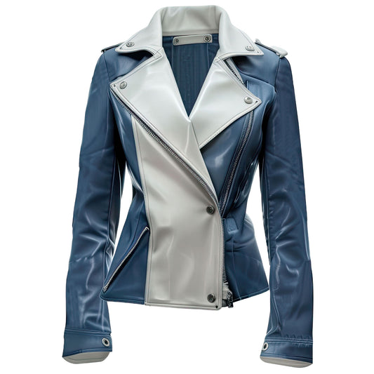 Women’s Sapphire Blue Grey Genuine Sheepskin Biker Crossover Lapel Collar Soft Asymmetric Zipper Slim-fit Rider Leather Jacket